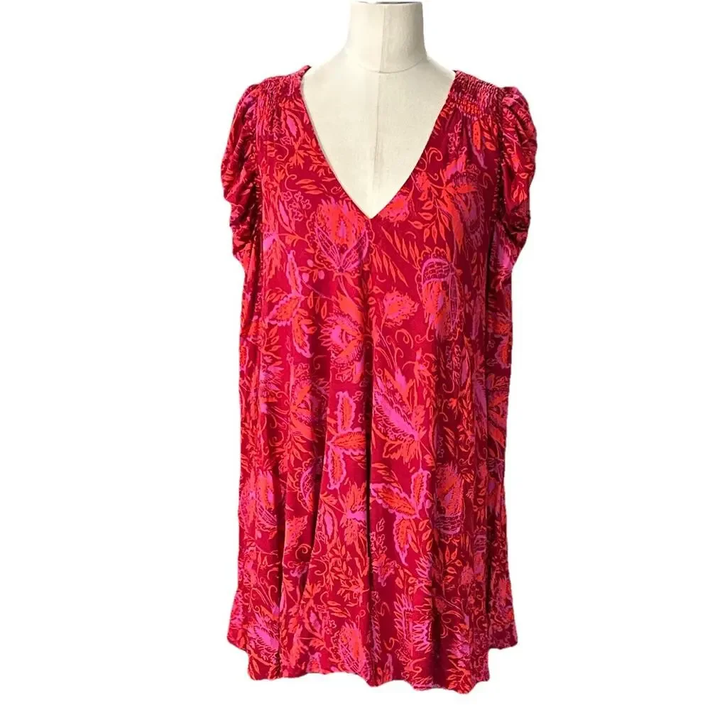 Free People Hello Lover Tunic Top XS Scarlet Combo Red V-Neck Puff Sleeve Boho